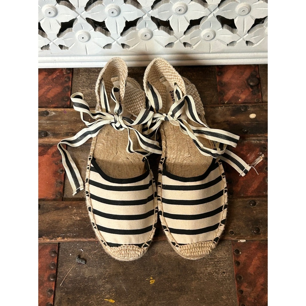 Soludos Womens Striped Lace Up Espadrille Flats Black White Ankle Tie Size 9.5